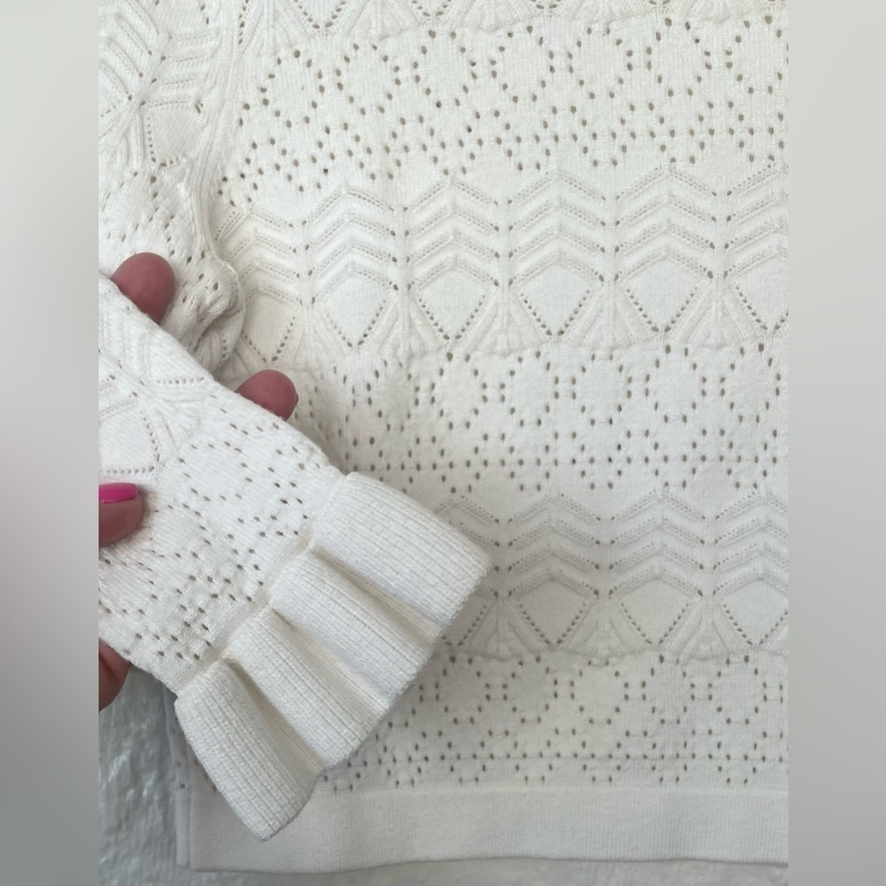 Tularosa Lana 100% nylon knit sweater, cream/white, ruffle neck, cropped; size S - Picture 3 of 9